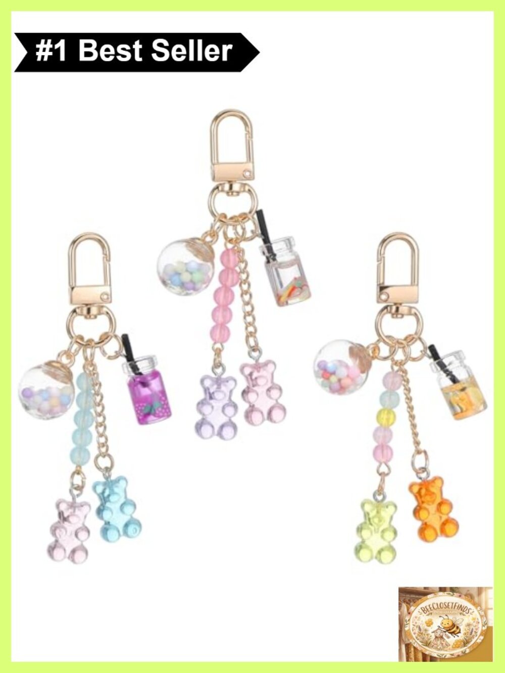 3Pc Bear Purse Charms Keychain Accessories with Mini Bottles Resin Metal